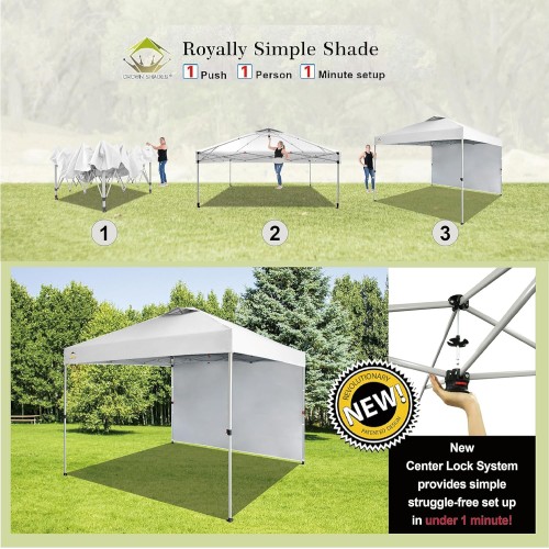 CROWN SHADES 10x10 Pop up Canopy Tent Instant Commercial with 150D Silver Coated Fabric Including 1 Removable Sidewall, 4 Ropes, 8 Stakes, Weight Bags, STO 'N Go Bag,  White