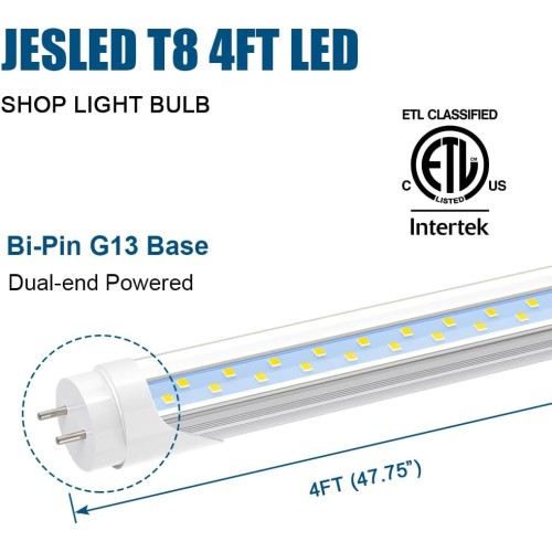 JESLED 4FT T8 LED Type B Tube Light Bulbs, 24W 5000K Daylight White, 3000LM, 4 Foot T12 LED Replacement for Flourescent Tubes, Ballast Bypass, Dual-end Power, Clear, Warehouse Shop Lights (12-Pack)