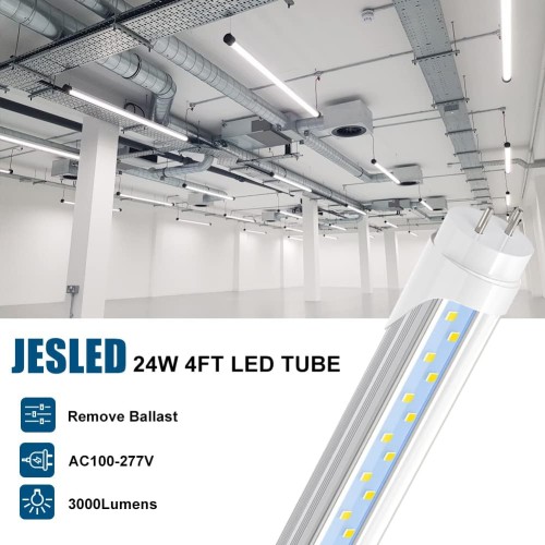 JESLED 4FT T8 LED Type B Tube Light Bulbs, 24W 5000K Daylight White, 3000LM, 4 Foot T12 LED Replacement for Flourescent Tubes, Ballast Bypass, Dual-end Power, Clear, Warehouse Shop Lights (12-Pack)