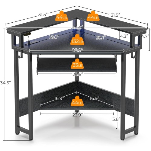 Rolanstar Corner Desk, 44.5" W x 34.5" H Small Computer Desk with Power Outlets, Gaming Desk with LED Lights, Triangle Corner Desk with Keyboard Tray & Monitor Stand for Small Space, Black