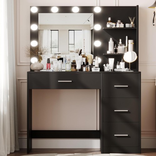 Rovaurx Makeup Vanity Table with Lighted Mirror, Makeup Vanity Desk with Storage Shelf and 4 Drawers, Bedroom Dressing Table, 10 LED Lights, Black RSZT104B