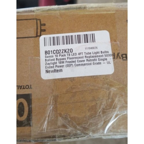 Sunco 10 Pack 4ft. T8 Durable Long-Lasting Instant-On Flicker-Free Indoor Industrial Commercial Warehouse Frosted LED Tube, 2200 Lumens, Type B, 5000K, 18W, Non-Dimmable, AC120-277V - UL-Certified