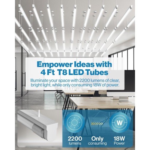 Sunco 10 Pack 4ft. T8 Durable Long-Lasting Instant-On Flicker-Free Indoor Industrial Commercial Warehouse Frosted LED Tube, 2200 Lumens, Type B, 5000K, 18W, Non-Dimmable, AC120-277V - UL-Certified