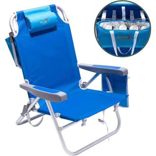 SUNNYFEEL Low Beach Chair 5 Position Lay Flat, Portable Folding Backpack Beach Chairs Heavy Duty with Cooler Bag, Cup Holder for Outdoor/Lawn/Trip/Picnic/Fishing, Foldable Camping Chair (New Blue)