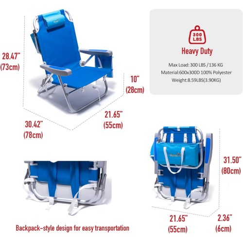 SUNNYFEEL Low Beach Chair 5 Position Lay Flat, Portable Folding Backpack Beach Chairs Heavy Duty with Cooler Bag, Cup Holder for Outdoor/Lawn/Trip/Picnic/Fishing, Foldable Camping Chair (New Blue)