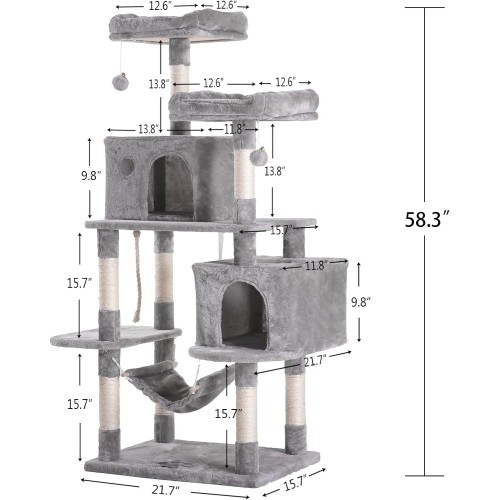 Hey-brother Large Multi-Level Cat Tree Condo Furniture with Sisal-Covered Scratching Posts, 2 Bigger Plush Condos, Perch Hammock for Kittens, Cats and Pets Light Gray MPJ020W