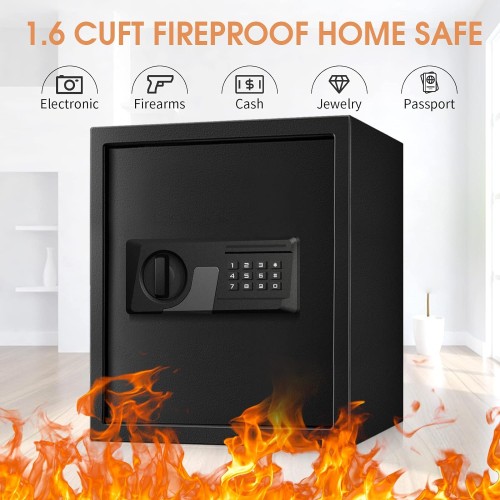 1.6 Cu ft Large Fireproof Safe Box For HOME USE, Digital Home Security Safe with Key and Combination, Document Safe Fireproof Waterproof for Firearm Medicine Money Valuables