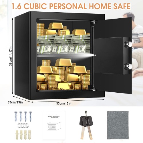 1.6 Cu ft Large Fireproof Safe Box For HOME USE, Digital Home Security Safe with Key and Combination, Document Safe Fireproof Waterproof for Firearm Medicine Money Valuables