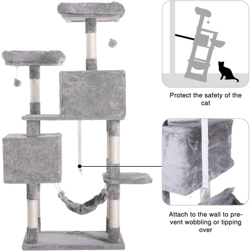 Hey-brother Large Multi-Level Cat Tree Condo Furniture with Sisal-Covered Scratching Posts, 2 Bigger Plush Condos, Perch Hammock for Kittens, Cats and Pets Light Gray MPJ020W