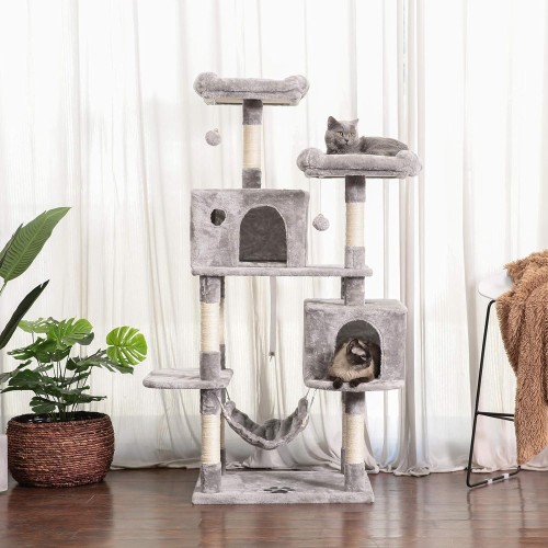 Hey-brother Large Multi-Level Cat Tree Condo Furniture with Sisal-Covered Scratching Posts, 2 Bigger Plush Condos, Perch Hammock for Kittens, Cats and Pets Light Gray MPJ020W