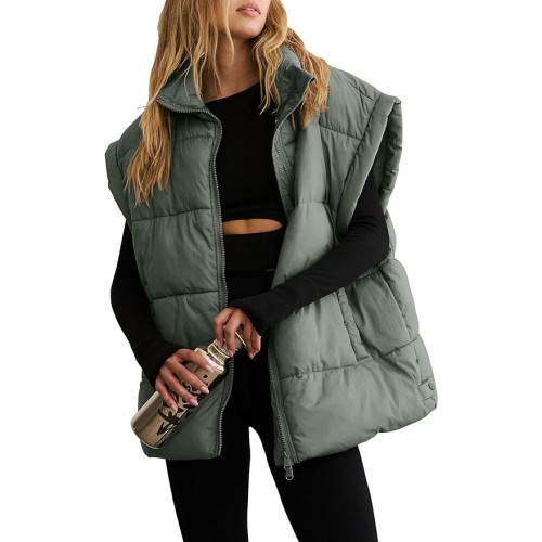 Women's Winter Crop Puffer Vest Lightweight Warm Flysleeve Stand Collar Padded Puffy Jackets Coats with Pockets