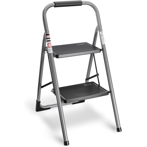 Delxo 2 Step Ladder Folding Step Stool with Cushioned Handle, 2 Step Stools for Adults,Heavy-Duty Sturdy Safety Step Ladder with Wide Anti-Slip Pedal Ergonomic Design,Stepladder Stepstool,Grey