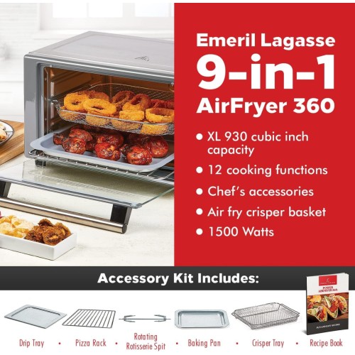 Emeril Lagasse Everyday 360 Air Fryer, 360° Quick Cook Technology, XL capacity,12 Pre-Set Cooking Functions including Bake, Rotisserie. Broil, Pizza, Slow Cook, Toaster and Much More, Stainless Steel