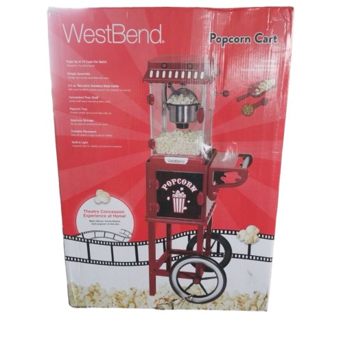 West Bend PCMC20RD13 Wheeled Popcorn Cart with Non-Stick Stainless Steel Popcorn Kettle, Storage Shelf, and Popcorn Scoop for Popcorn Machine, 10 Cup, Red