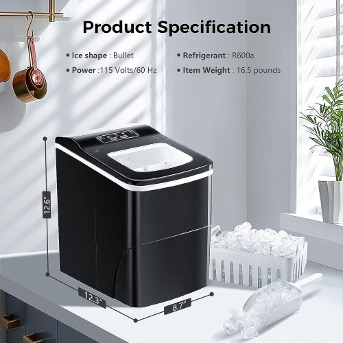 AGLUCKY Ice Makers Countertop with Self-Cleaning, 26.5lbs/24hrs, 9 Cubes Ready in 6~8Mins, Portable Ice Machine with 2 Sizes Bullet Ice/Ice Scoop/Basket for Home/Kitchen/Office/Bar/Party, Black