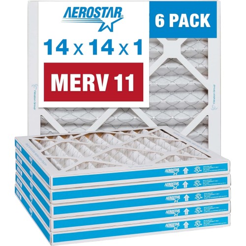 Aerostar 14x14x1 MERV 11 Pleated Air Filter, AC Furnace Air Filter, 6 Pack (Actual Size: 13 3/4"x13 3/4"x3/4")