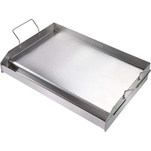 VEVOR Stainless Steel Griddle, 23.5"x16" Pre-Seasoned Stove Top Griddle, Rectangular Double Burner Griddle Pan, Non-Stick Family Pan Cookware with Handles and Oil Groove, for BBQ, Gas Grills, Silver