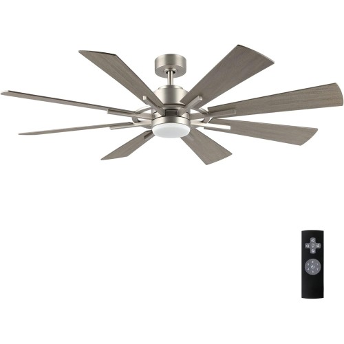 WINGBO 60" DC Ceiling Fan with Lights and Remote Control, Brushed Nickel and Gray Ceiling Fan, 8 Plywood Blades, 6-Speed Reversible DC Motor, Modern Ceiling Fan Indoor for Kitchen Bedroom Living Room