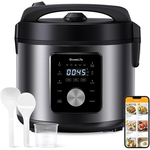 GoveeLife Smart Rice Cooker, 6-in-1 Multi-Cooker, Slow Cooker, Saute Pan, Steamer, Food Warmer, 1000W, 10-Cup Uncooked 5.2 Quart, Includes App with 33 Recipes