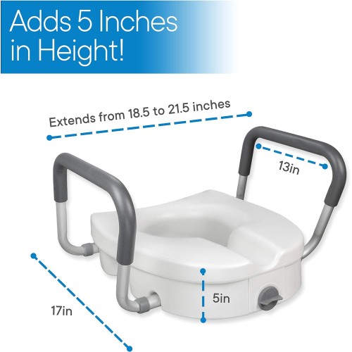 RMS Raised Toilet Seat - 5 Inch Elevated Riser with Adjustable Padded Arms - Toilet Safety Seat for Elongated or Standard Commode