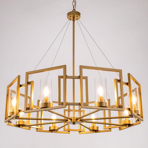 TOCHIC Gold Farmhouse Chandelier 36", 8-Light Wagon Wheel Chandeliers for Dining Room, Modern Rustic Drum Ceiling Light Fixture with Clear Glass for Living Room, Bedroom, Kitchen, Foyer, Hallway