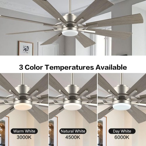 WINGBO 60" DC Ceiling Fan with Lights and Remote Control, Brushed Nickel and Gray Ceiling Fan, 8 Plywood Blades, 6-Speed Reversible DC Motor, Modern Ceiling Fan Indoor for Kitchen Bedroom Living Room