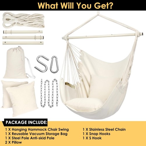 Y- STOP Hammock Chair Hanging Rope Swing, Max 320 Lbs, 2 Seat Cushions Included, Hanging Chair with Pocket for Indoor and Outdoor