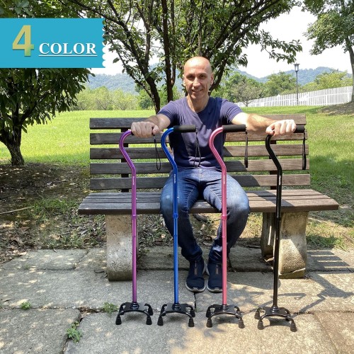 Quad Walking Cane Foldable Adjustable Portable Stick Men & Women and Seniors - Lightweight & Sturdy with 4-Pronged Base for Extra Stability Balance,Self Standing Foam Padded Offset Handle