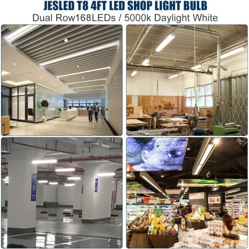 JESLED T8 T12 4FT LED Type B Light Bulbs, 24W 3000LM 5000K Daylight White, Flourescent Tube Replacement, ETL Listed, Remove Ballast, Double Row, Dual-end Powered, Clear, Warehouse Lights 4Pack