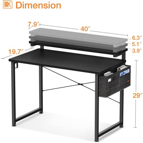 ODK Computer Desk with Adjustable Monitor Shelves, 40 inch Home Office Desk with Monitor Stand, Writing Desk, Study Workstation with 3 Heights (10cm, 13cm, 16cm), Black