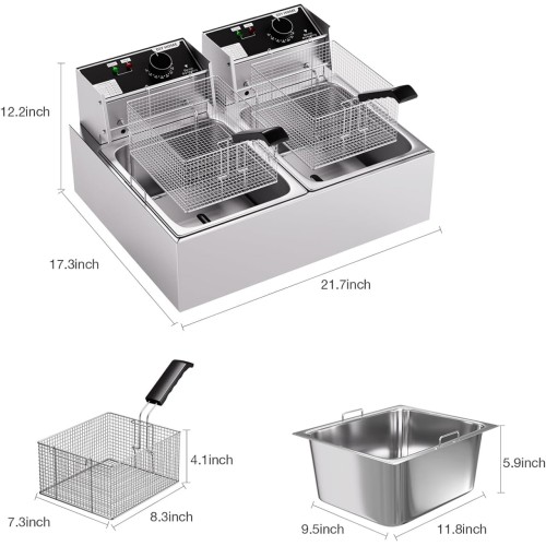 20.7Qt Deep Fryer, 3400W Electric Countertop Deep Fryer with 2 x 6.35 QT Removable Basket Commercial Deep Fryers Frying Machine w/Temperature Control