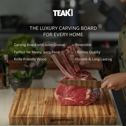 Teakhaus Carving Board - Large Wood Cutting Board with Juice Groove and Grip Handles - Reversible Teak Edge Grain Wood - Knife Friendly - FSC Certified