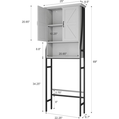 MXARLTR Over The Toilet Storage Cabinet, Over Toilet Bathroom Organizer with Barn Doors Above Toilet Storage Cabinet Spacesaver Rack Behind Toilet Bathroom Organizer Over The Toilet Storage (Gray)