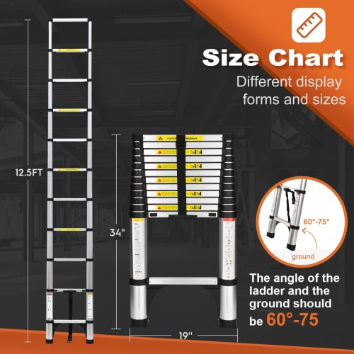 Soctone Telescoping Ladder, 12.5 FT Aluminum Button Retraction Extension Ladder with 2 Triangle Stabilizers, Multi-Purpose Ladder with Slow Down Design, 330lbs Max Capacity for House Daily Life