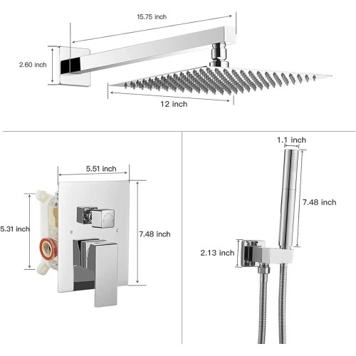 Chrome Shower System Sets 12 Inch Rain Shower Head High Pressure Wall Mount Rainfall Shower Faucet Combo Complete with 2 in 1 Handheld Showerhead for Bathroom with Brass Valve and Trim Included