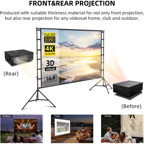 Projector Screen with Stand, 150" Indoor and Outdoor 4K HD 16:9 Wrinkle-Free Garden Cinema Night (Easy to Clean, 160° View Angle & Carry Bag)