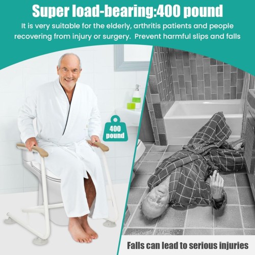 Toilet Safety Rails,Toilet Rails Heavy Duty (520 lbs) Hand Rail,Toilet Seat Riser with Handles,Easy Installation for Handicap Senior Bariatrics, Elderly Balance - Padded Hand Armre (W brown and white)