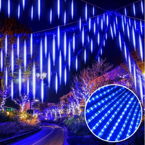 EEIEER Meteor Shower Lights, 11.8 inches 10 Tubes 240 LED Christmas Meteor Lights Snowfall Lights for Outdoor Decoration, Waterproof Falling Rain Drop Lights for Garden Tree Party Holiday-Blue