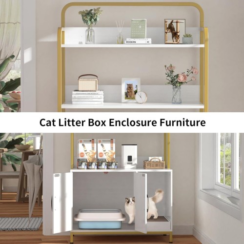 EasyCom Cat Litter Box Enclosure Furniture, Hidden Cat Litter Box Furniture with 3 Shelves Storage, Large Cat Litter Cabinet with Scratching Pad, White Cat Litter Furniture with 2 Magnetic Lock Doors