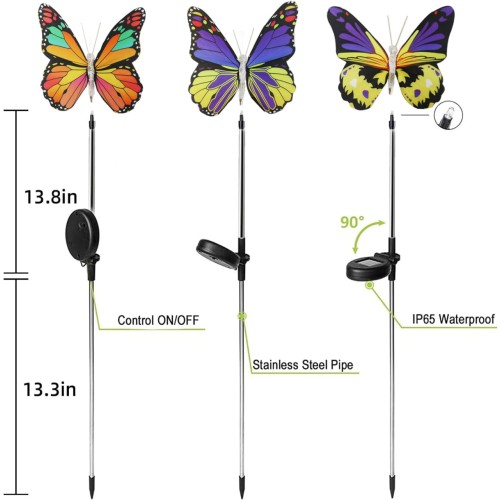 Outdoor Solar Garden Lights,3 Pack Solar Butterfly Decorative Lights, IP67 Waterproof Color Changing