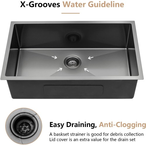 Dcolora 32 Inch Matte Black Undermount Kitchen Sink Gunmetal Stainless Steel 16 Gauge Single Bowl Under Counter Basin, 32"x19"x10", DC-U7726