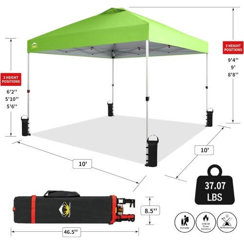 CROWN SHADES 10x10 Pop Up Canopy, Patented Center Lock One Push Instant Popup Outdoor Canopy Tent, Newly Designed Storage Bag, 8 Stakes, 4 Ropes, Green