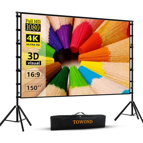 Projector Screen and Stand,Towond 150 inch Indoor Outdoor Projection Screen, Portable 16:9 4K HD Rear Front Movie Screen with Carry Bag Wrinkle-Free Design for Home Theater Backyard Cinema