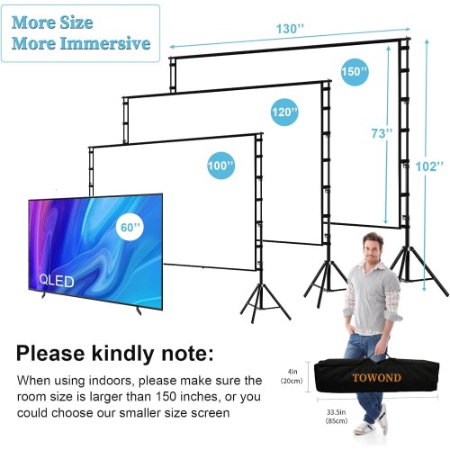 Projector Screen and Stand,Towond 150 inch Indoor Outdoor Projection Screen, Portable 16:9 4K HD Rear Front Movie Screen with Carry Bag Wrinkle-Free Design for Home Theater Backyard Cinema