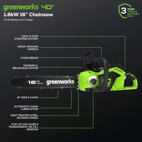 Greenworks 40V 16" Brushless Cordless Chainsaw (Gen 2) (Great For Tree Felling, Limbing, Pruning, and Firewood / 75+ Compatible Tools), 4.0Ah Battery and Charger Included