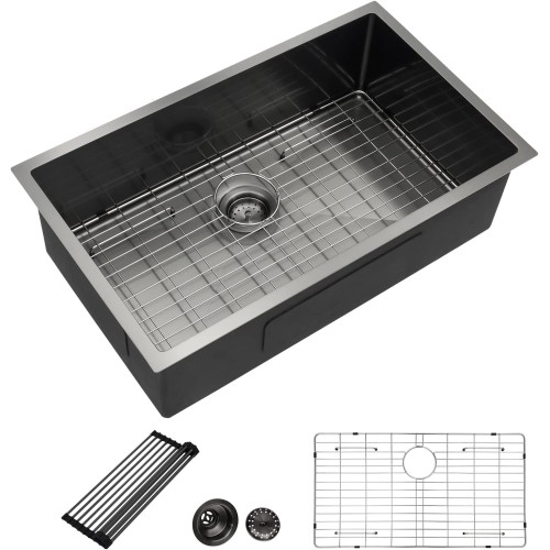 Dcolora 32 Inch Matte Black Undermount Kitchen Sink Gunmetal Stainless Steel 16 Gauge Single Bowl Under Counter Basin, 32"x19"x10", DC-U7726