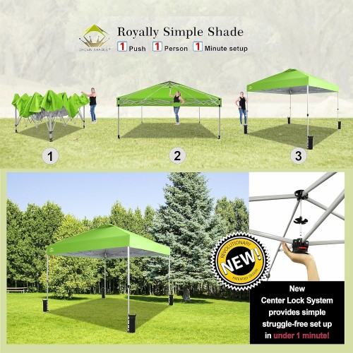 CROWN SHADES 10x10 Pop Up Canopy, Patented Center Lock One Push Instant Popup Outdoor Canopy Tent, Newly Designed Storage Bag, 8 Stakes, 4 Ropes, Green