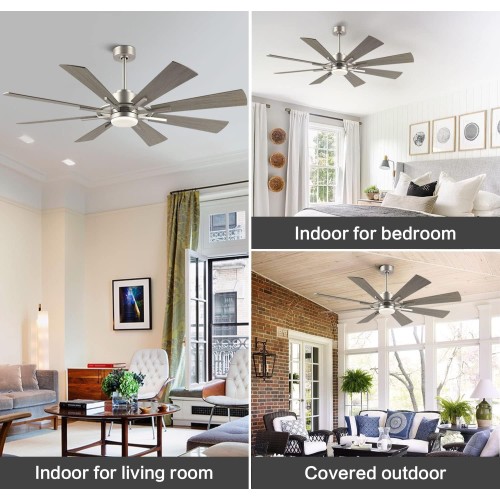 WINGBO 60" DC Ceiling Fan with Lights and Remote Control, Brushed Nickel and Gray Ceiling Fan, 8 Plywood Blades, 6-Speed Reversible DC Motor, Modern Ceiling Fan Indoor for Kitchen Bedroom Living Room