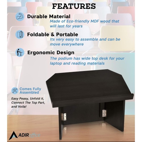 AdirOffice Tabletop Podium, Folding Podium Ideal as a Tabletop Lectern, Black