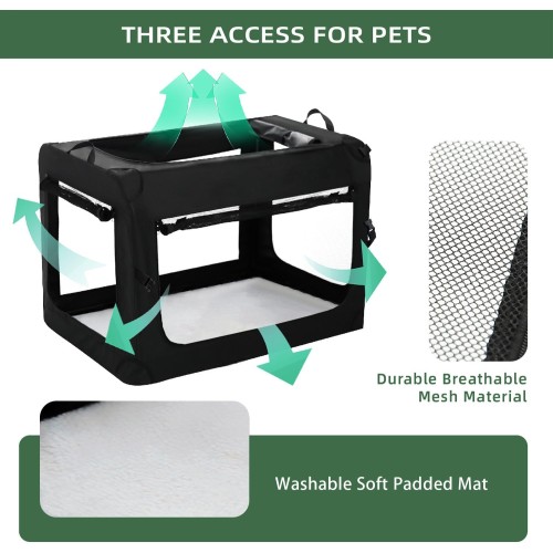 20 inch 3-Door Collapsible Dog Crate for Small Dogs Cats, Portable Puppy Travel Crate for Indoor & Outdoor, Soft Side Pet Foldable Kennel Cage with Durable Mesh Windows & Strong Steel Frame